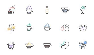 Brandy bottle, Water drop and Food delivery line icons for website, printing. Collection of Alcohol addiction, Coffee cup, Beans icons. Bombon coffee, Food app, Cappuccino cream web elements. Vector