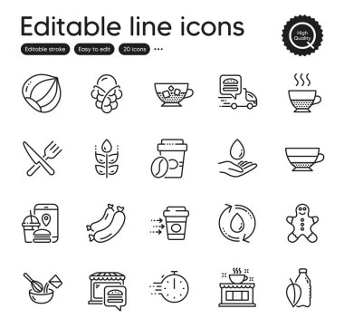 Set of Food and drink outline icons. Contains icons as Water bottle, Doppio and Coffee delivery elements. Americano, Ice cream, Cold coffee web signs. Gluten free, Food delivery. Vector