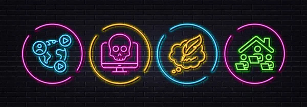 Video Conference Cyber Attack Copyright Chat Minimal Line Icons Neon - Stok Vektor