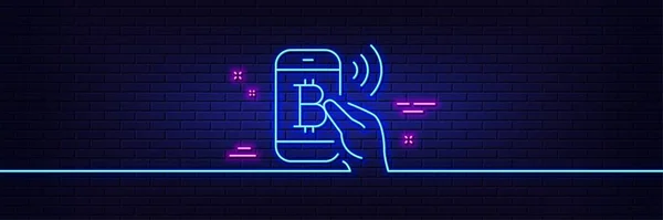 Neon light glow effect. Bitcoin mobile pay line icon. Cryptocurrency sign. Crypto money symbol. 3d line neon glow icon. Brick wall banner. Bitcoin pay outline. Vector