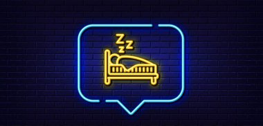 Neon light speech bubble. Sleep line icon. Night rest bed sign. Human bedtime symbol. Neon light background. Sleep glow line. Brick wall banner. Vector