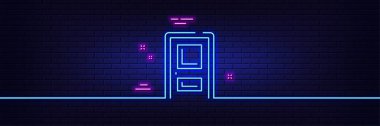 Neon ışık efekti. Giriş çizgisi simgesi. Giriş kapısı işareti. Çıkış sembolü oluşturuluyor. 3D çizgi neon ışıklı ikon. Tuğla duvar afişi. Giriş taslağı. Vektör