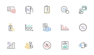 Checklist, Wallet and Discounts app line icons for website, printing. Collection of Report document, Discount, Graph chart icons. Inspect, Coins bag, Phone payment web elements. Vector