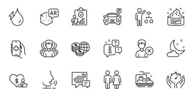 Outline set of Health app, Hydroelectricity and Skin cream line icons for web application. Talk, information, delivery truck outline icon. Include World money, Group, Parking icons. Vector
