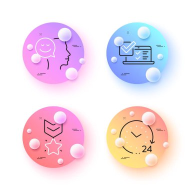 Online survey, Winner medal and 24 hours minimal line icons. 3d spheres or balls buttons. Good mood icons. For web, application, printing. Quiz test, Ranking star, Time. Positive thinking. Vector