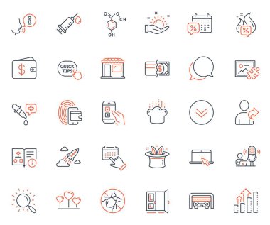 Business icons set. Included icon as Discounts calendar, Portable computer and Love heart web elements. Startup rocket, Sunny weather, Wallet icons. Bed bugs, Search, Quick tips web signs. Vector