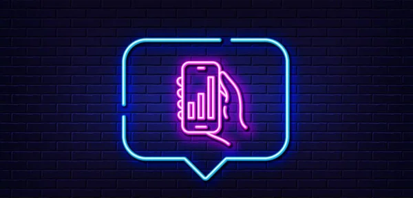 Neon Light Speech Bubble Analysis App Line Icon Hand Hold — Stok Vektör