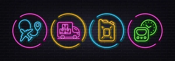 Delivery Truck Airplane Canister Oil Minimal Line Icons Neon Laser — Image vectorielle