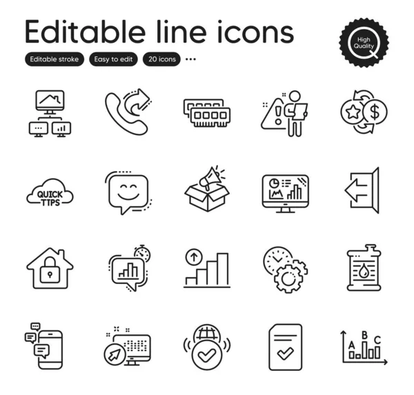 Set Technology Outline Icons Contains Icons Search Employee Quick Tips — Vetor de Stock