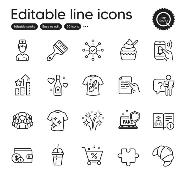 Set of Business outline icons. Contains icons as Clean t-shirt, Coffee cocktail and Buying accessory elements. Bitcoin pay, Doctor, Fake internet web signs. T-shirt design. Vector