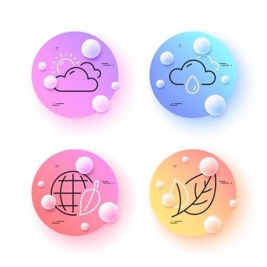 Leaf, Sunny weather and Rainy weather minimal line icons. 3d spheres or balls buttons. Environment day icons. For web, application, printing. Ecology, Summer, Rain. Safe world. Vector