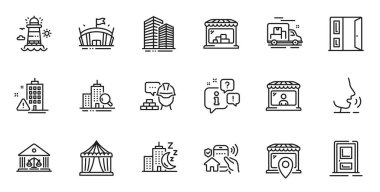 Outline set of Night city, Lighthouse and Court building line icons for web application. Talk, information, delivery truck outline icon. Include Open door, Build, Entrance icons. Vector