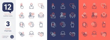 Set of Touchscreen gesture, Engineer and Dont touch line icons. Include Swipe up, Reception desk, Repairman icons. Safe time, Hold heart, Face recognition web elements. Work home. Vector
