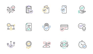 Onay satırı simgeleri ayarlandı. Kabul edilmiş belge, doğru seçim, görüşme. Kalite kontrolü, koruma, liste simgeleri. Garanti belgesi, kabul edilmiş kart, onay onayı. Uçuş onaylandı. Vektör