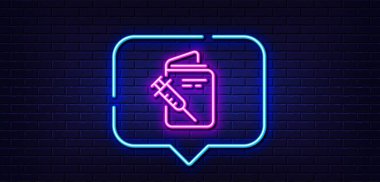 Neon light speech bubble. Vaccination passport line icon. Vaccine syringe sign. Jabbed symbol. Neon light background. Vaccination passport glow line. Brick wall banner. Vector