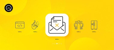 Seo script, Friends couple and Jazz minimal line icons. Yellow abstract background. Reject letter, Refrigerator icons. For web, application, printing. Programming, Friendship, Saxophone. Vector