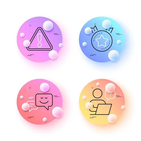 Happy emotion, Warning and Ranking star minimal line icons. 3d spheres or balls buttons. Online question icons. For web, application, printing. Web chat, Important message, Winner medal. Vector