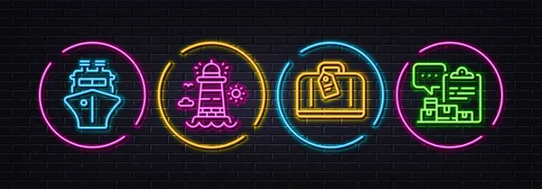 Hand Baggage Ship Lighthouse Minimal Line Icons Neon Laser Lights — Stockvektor