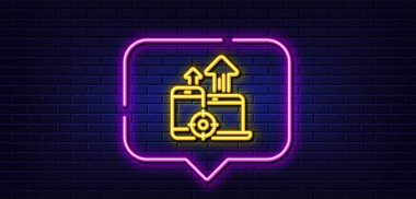 Neon light speech bubble. Seo devices line icon. Web targeting sign. Traffic management symbol. Neon light background. Seo devices glow line. Brick wall banner. Vector