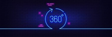 Neon light glow effect. 360 degrees line icon. Panoramic view sign. VR technology simulation symbol. 3d line neon glow icon. Brick wall banner. 360 degrees outline. Vector