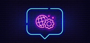 Neon light speech bubble. Seo gear line icon. Internet settings sign. Traffic management symbol. Neon light background. Seo gear glow line. Brick wall banner. Vector
