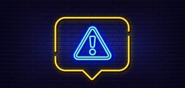 Neon ışığı konuşma balonu. Uyarı satırı simgesi. Dikkat üçgen işareti. Dikkat uyarı sembolü. Neon ışıklı arka plan. Uyarı ışığı hattı. Tuğla duvar afişi. Vektör