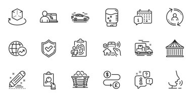 Outline set of Water cooler, Augmented reality and World statistics line icons for web application. Talk, information, delivery truck outline icon. Vector