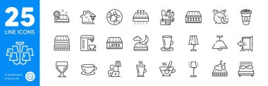 Outline icons set. Ceiling lamp, Tea cup and Floor lamp icons. Mattress, Deluxe mattress, Coffee machine web elements. Entrance, Latte, Bed bugs signs. Espresso, Mint bag, Alarm. Vector