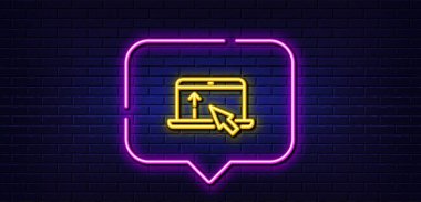 Neon light speech bubble. Swipe up laptop line icon. Scrolling arrow sign. Landing page scroll symbol. Neon light background. Swipe up glow line. Brick wall banner. Vector