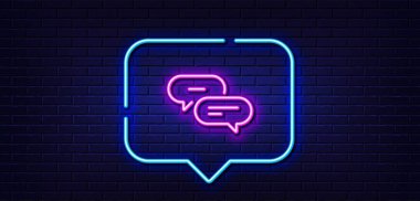 Neon light speech bubble. Dots message line icon. Chat comment sign. Speech bubble symbol. Neon light background. Dots message glow line. Brick wall banner. Vector