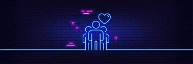 Neon ışık efekti. Arkadaşlık çizgisi simgesi. Arkadaş grubu işareti. Yardım iş sembolü. 3D çizgi neon ışıklı ikon. Tuğla duvar afişi. Arkadaşlık taslağı. Vektör