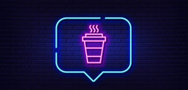 Neon light speech bubble. Takeaway Coffee cup line icon. Hot drink sign. Takeout symbol. Neon light background. Takeaway glow line. Brick wall banner. Vector