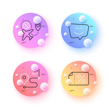 Journey, Flight sale and Smile face minimal line icons. 3d spheres or balls buttons. Discount banner icons. For web, application, printing. Trip distance, Travel discount, Chat. Sale coupon. Vector