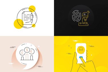 Minimal set of Currency rate, Fingerprint research and Face recognition line icons. Phone screen, Quote banners. Agreement document icons. For web development. Vector