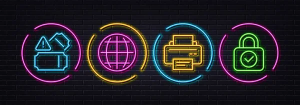 Globe Printer Tickets Minimal Line Icons Neon Laser Lights Security — Image vectorielle