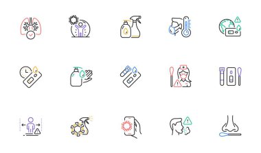 Covid Test Çizgisi simgeleri. Burun temizleme, kan testi, bekleme süresi. Sosyal Mesafe, El Dezenfektanı, Hızlı Antijen Test ikonları. Coronavirus koruması, zatürree virüsü. Pamuklu bezle burun. Vektör