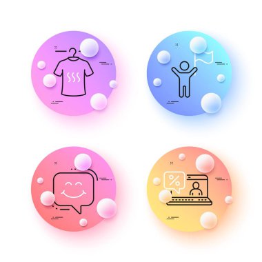 Dry t-shirt, Leadership and Online loan minimal line icons. 3d spheres or balls buttons. Smile chat icons. For web, application, printing. Laundry shirt, Winner flag, Discount percent. Vector