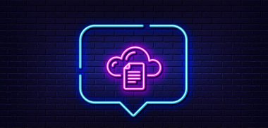 Neon light speech bubble. File data storage line icon. Cloud computing sign. Document hosting technology symbol. Neon light background. File storage glow line. Brick wall banner. Vector