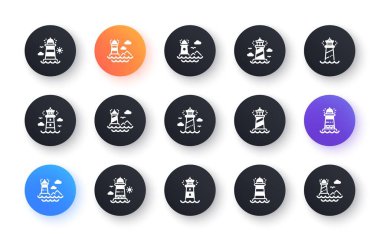 Lighthouse icons. Searchlight tower with seagull for marine navigation of ships. Sea pharos, lighthouse or beacon icons. Classic set. Circle web buttons. Vector