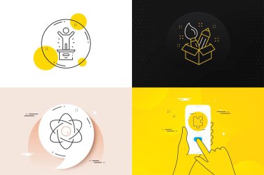 Minimal set of Winner podium, Puzzle and Atom core line icons. Phone screen, Quote banners. Creativity icons. For web development. First place, Puzzle piece, Nuclear power. Design idea. Vector