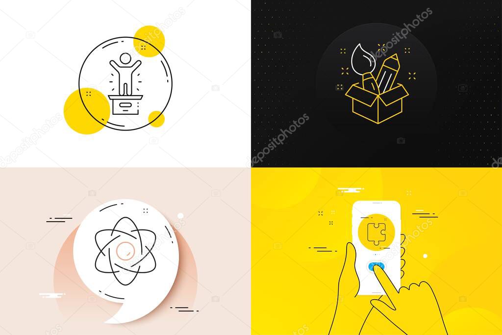 Minimal set of Winner podium, Puzzle and Atom core line icons. Phone screen, Quote banners. Creativity icons. For web development. First place, Puzzle piece, Nuclear power. Design idea. Vector