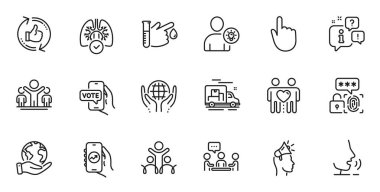 Outline set of Organic tested, Brand ambassador and Biometric security line icons for web application. Talk, information, delivery truck outline icon. Vector