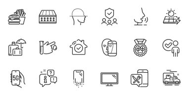 Outline set of Face biometrics, Face scanning and Dog competition line icons for web application. Talk, information, delivery truck outline icon. Vector
