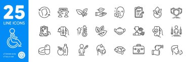 Outline icons set. Vaccine announcement, Organic tested and Shields icons. Conjunctivitis eye, Leaf, High thermometer web elements. Organic product, Medical mask, Leaves signs. Vector