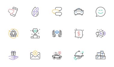 Car parking, Heart and Teamwork line icons for website, printing. Collection of Sale megaphone, Taxi, Food delivery icons. Loyalty program, Hypoallergenic tested, Justice scales web elements. Vector