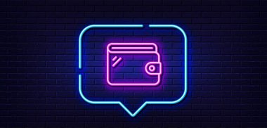 Neon light speech bubble. Wallet line icon. Money purse sign. Cash budget symbol. Neon light background. Wallet glow line. Brick wall banner. Vector