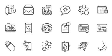 Outline set of Integrity, Communication and Global business line icons for web application. Talk, information, delivery truck outline icon. Include Web report, Delivery, Usb stick icons. Vector