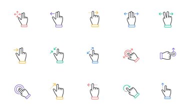 Touchscreen gesture line icons. Hand swipe, Slide gesture, Multitasking icons. Touchscreen technology, tap on screen, drag and drop. Linear set. Bicolor outline web elements. Vector