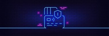 Neon light glow effect. Credit card line icon. Bank money payment sign. Shield protection symbol. 3d line neon glow icon. Brick wall banner. Card outline. Vector