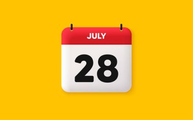 Calendar date 3d icon. 28th day of the month icon. Event schedule date. Meeting appointment time. Agenda plan, July month schedule 3d calendar and Time planner. 28th day day reminder. Vector